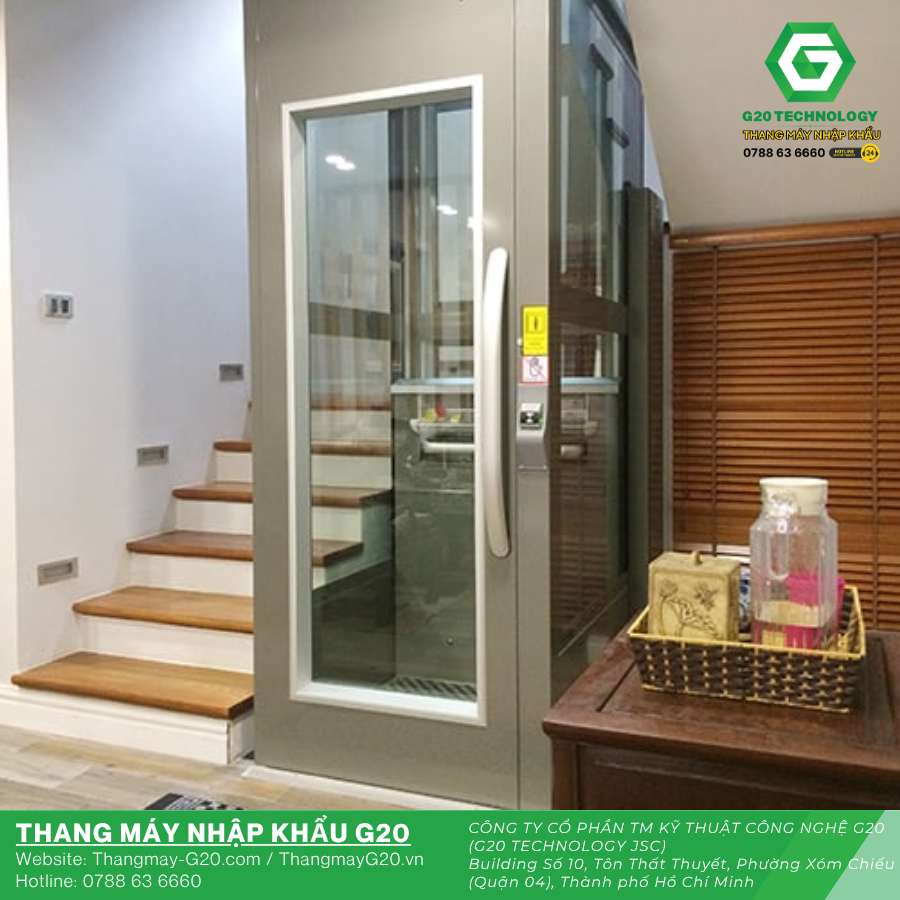 Thang máy nhà ở mini lắp cạnh cầu thang thiết kế tối ưu diện tích