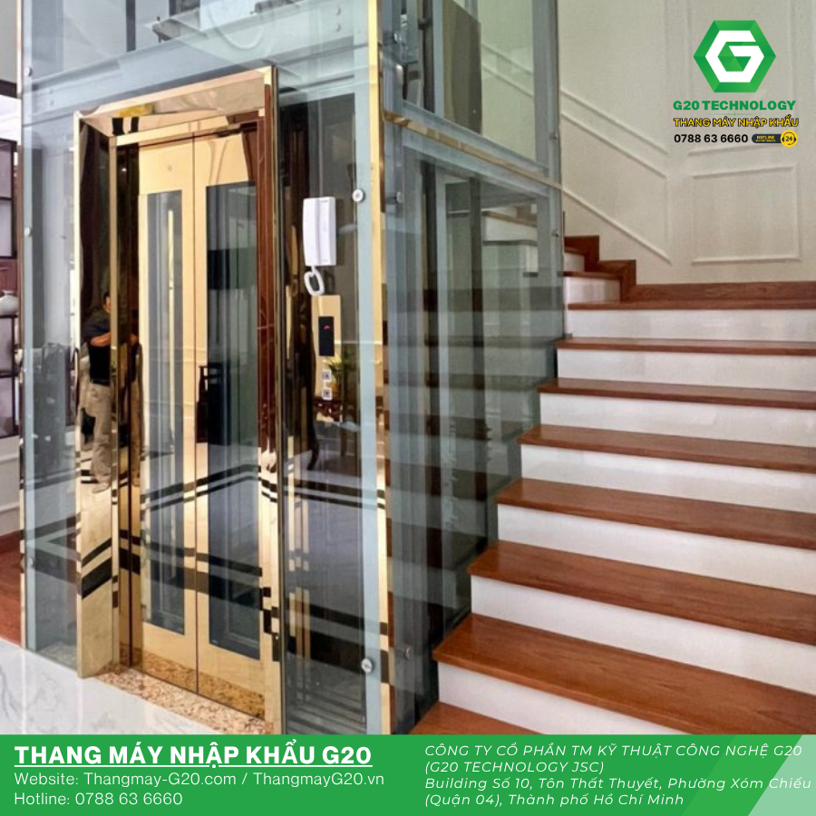 Thang máy khung kính viền vàng cao cấp nhập khẩu chính hãng G20 Technology.