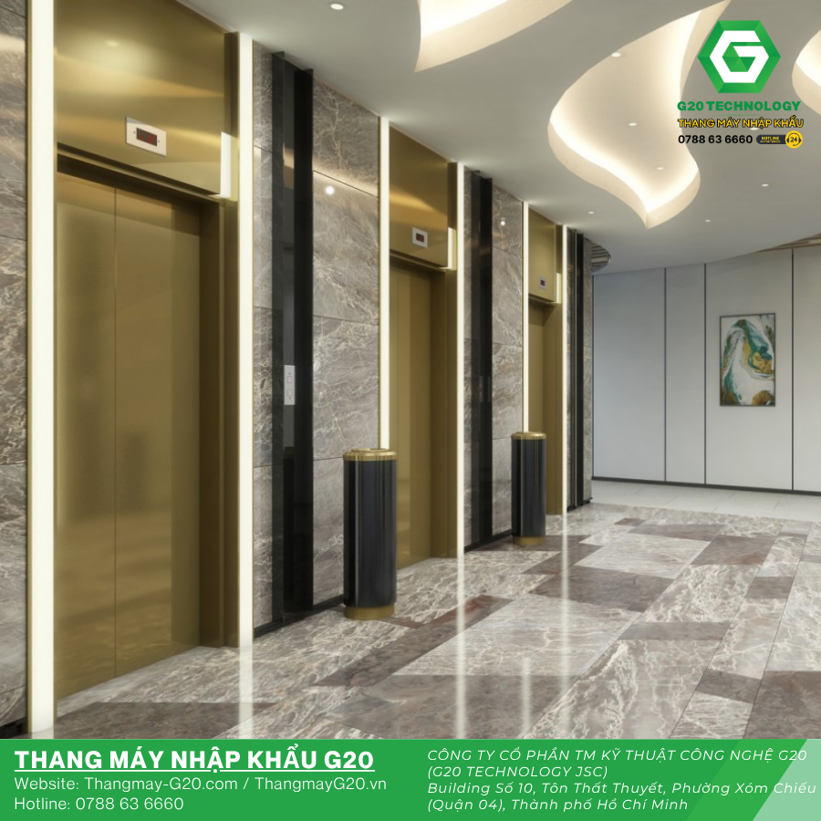 Cabin thang máy hiện đại với cửa mở tự động trong tòa nhà