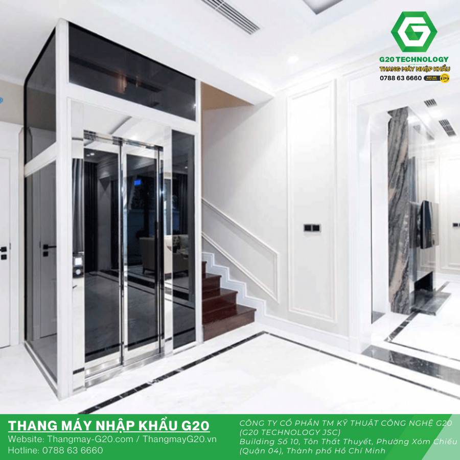 Thang máy gia đình đẹp với thiết kế hiện đại lắp đặt trong nhà phố sang trọng