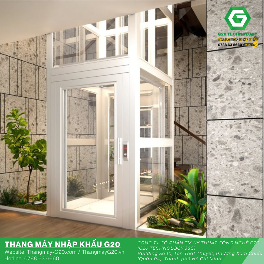 Cấu tạo thang máy kính với thiết kế cabin khung trắng trong suốt trong nhà ở hiện đại