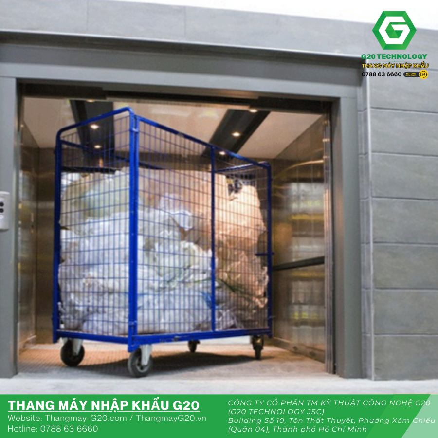 Thang nâng hàng 1000kg vận chuyển vật tư bằng xe đẩy công nghiệp